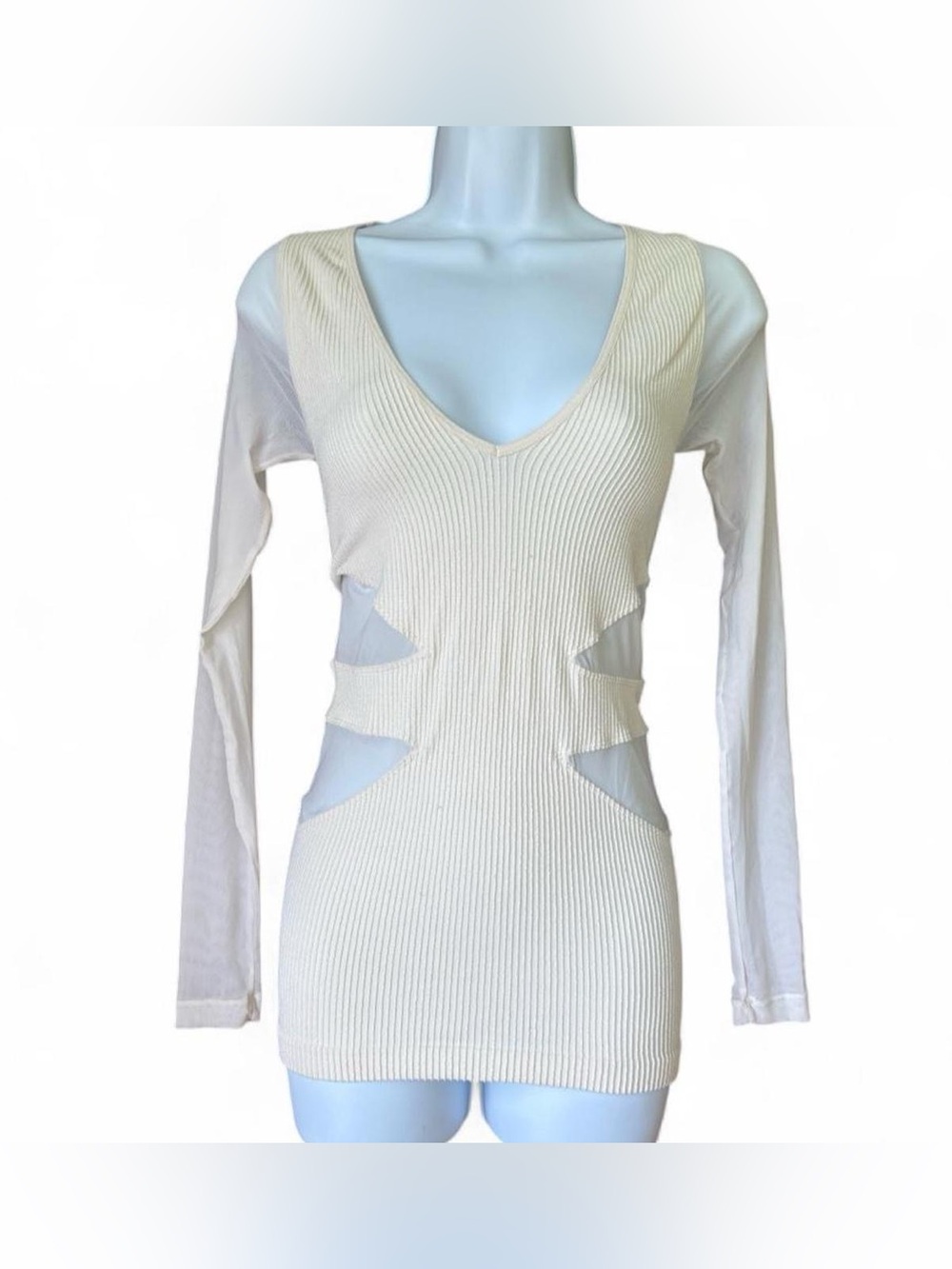 Intimately Free People Ribbed Long Sleeve with Mesh Cut Outs M/L Sheer Cream